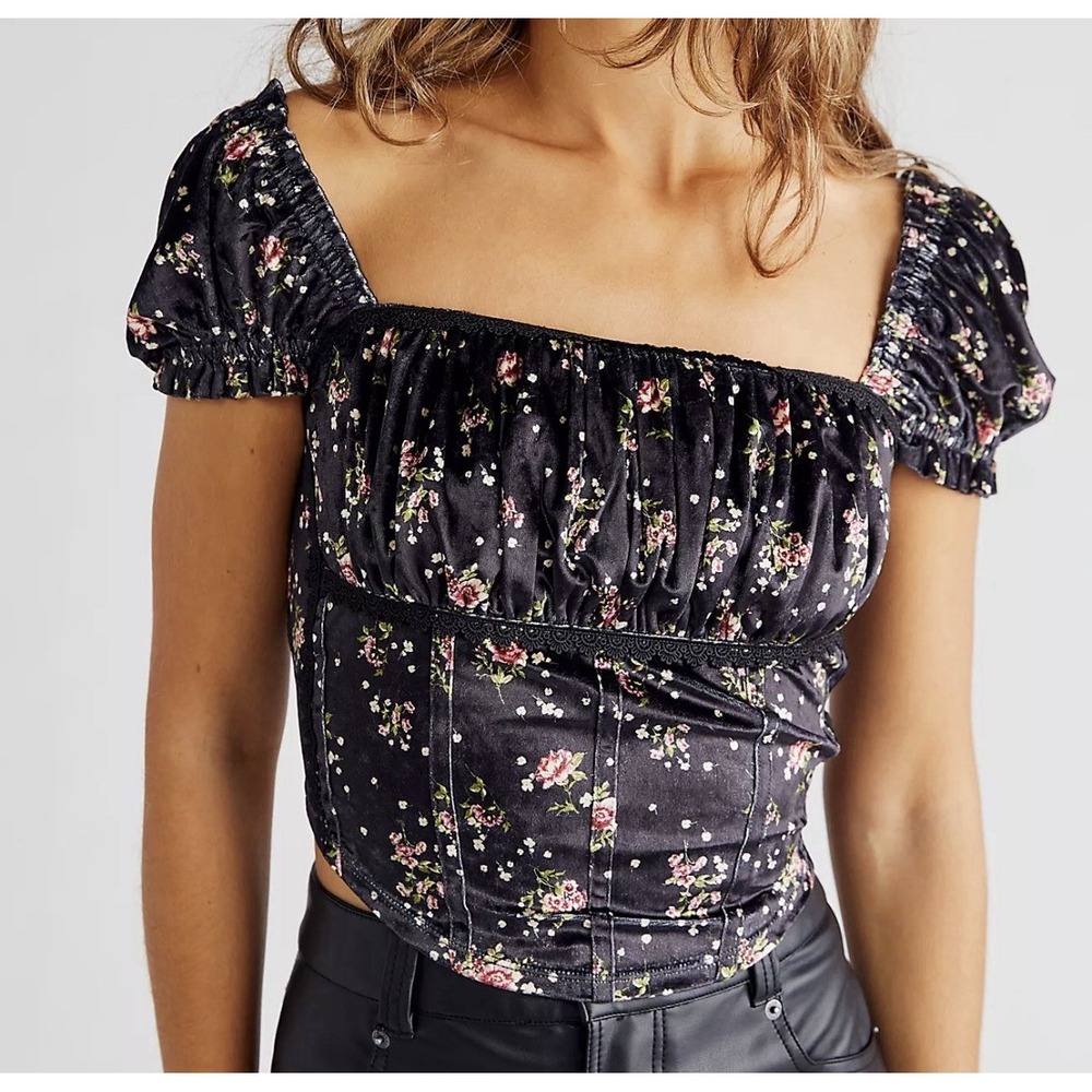 Free People Louise Velvet Floral Corset Top S Square Neck Coquette Boho Milkmaid